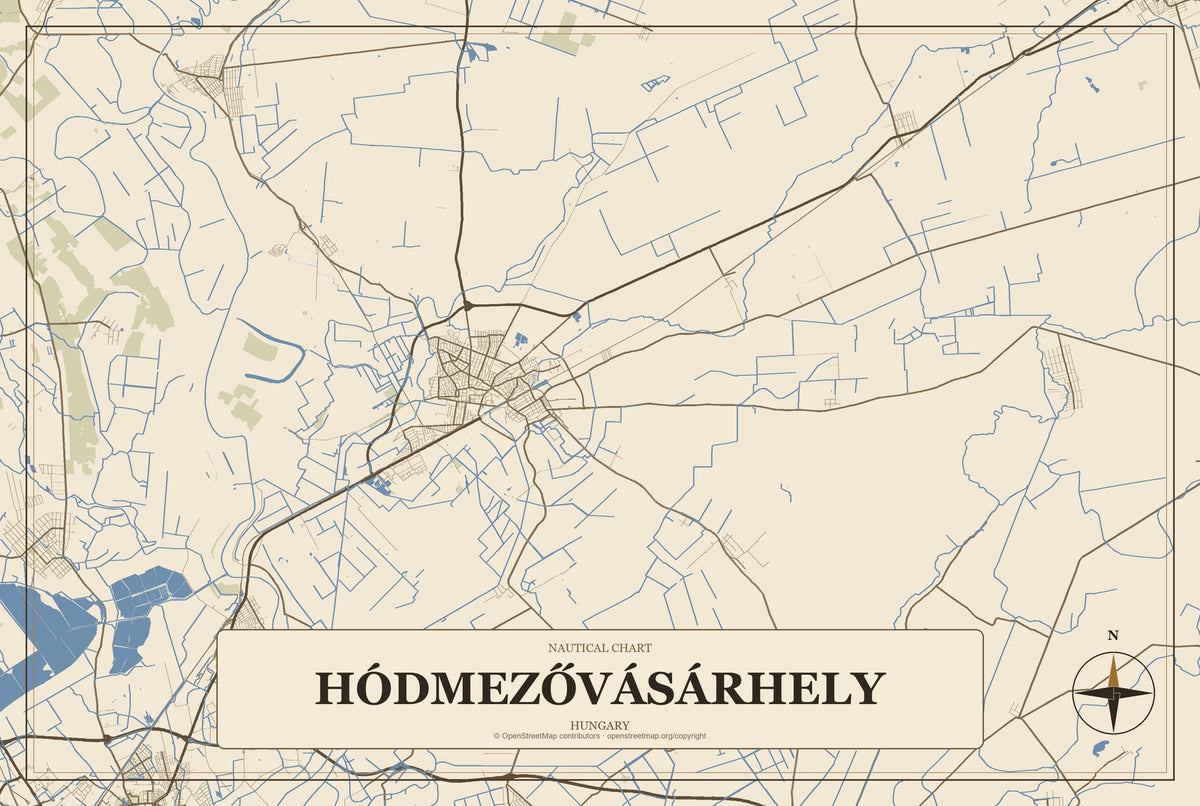 Hódmezővásárhely, Hungary City Map Aluminum Sign in Heritage Nautical style