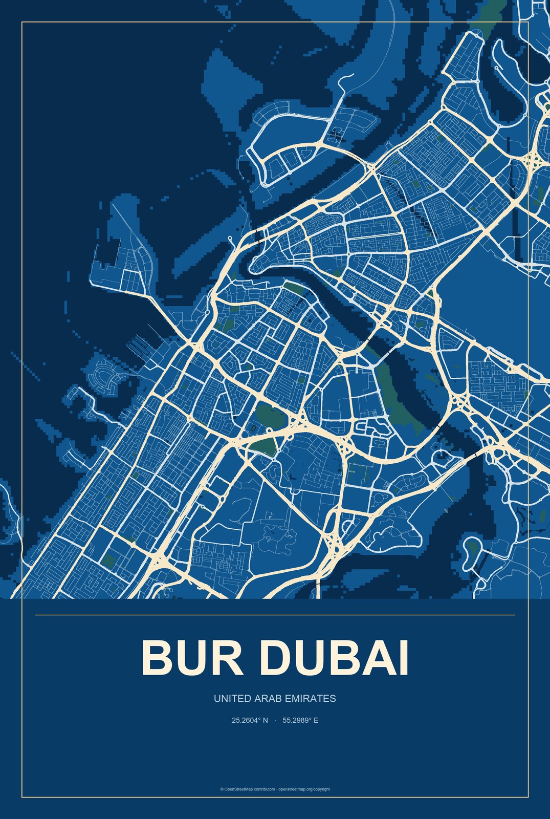 Bur Dubai, United Arab Emirates City Map Aluminum Sign in Harbor Cobalt style