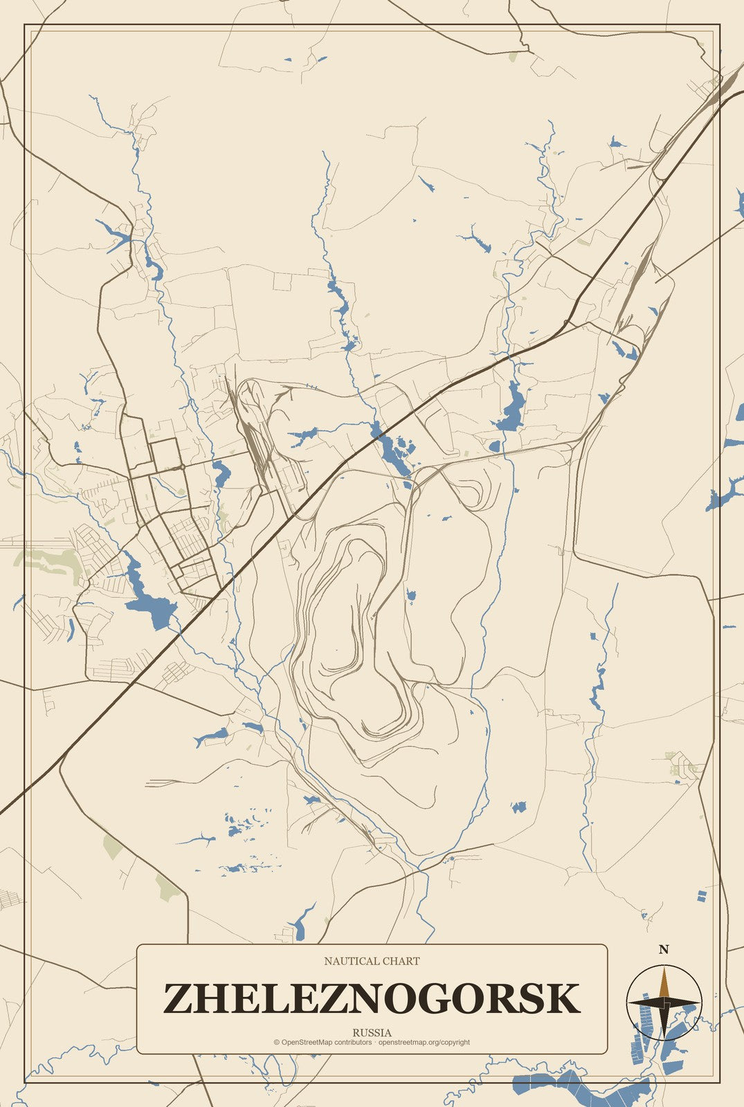 Zheleznogorsk, Krasnoyarsk Krai, Russia City Map Aluminum Sign in Heritage Nautical style