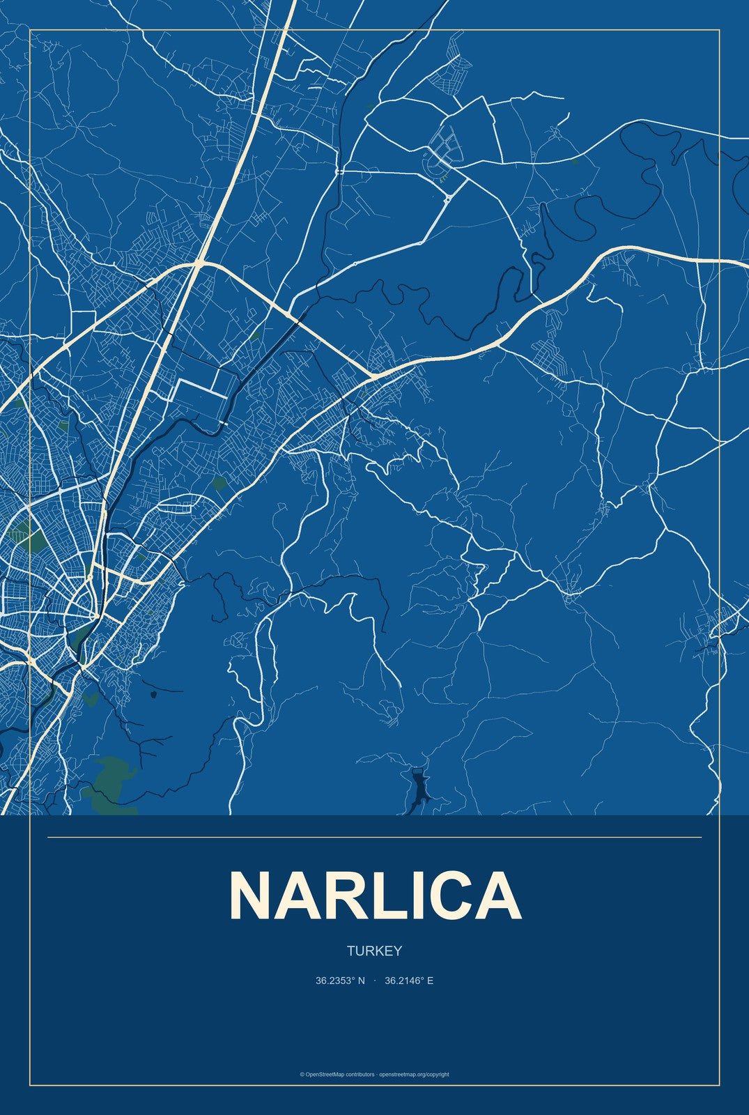 Narlıca, Turkey City Map Aluminum Sign in Harbor Cobalt style