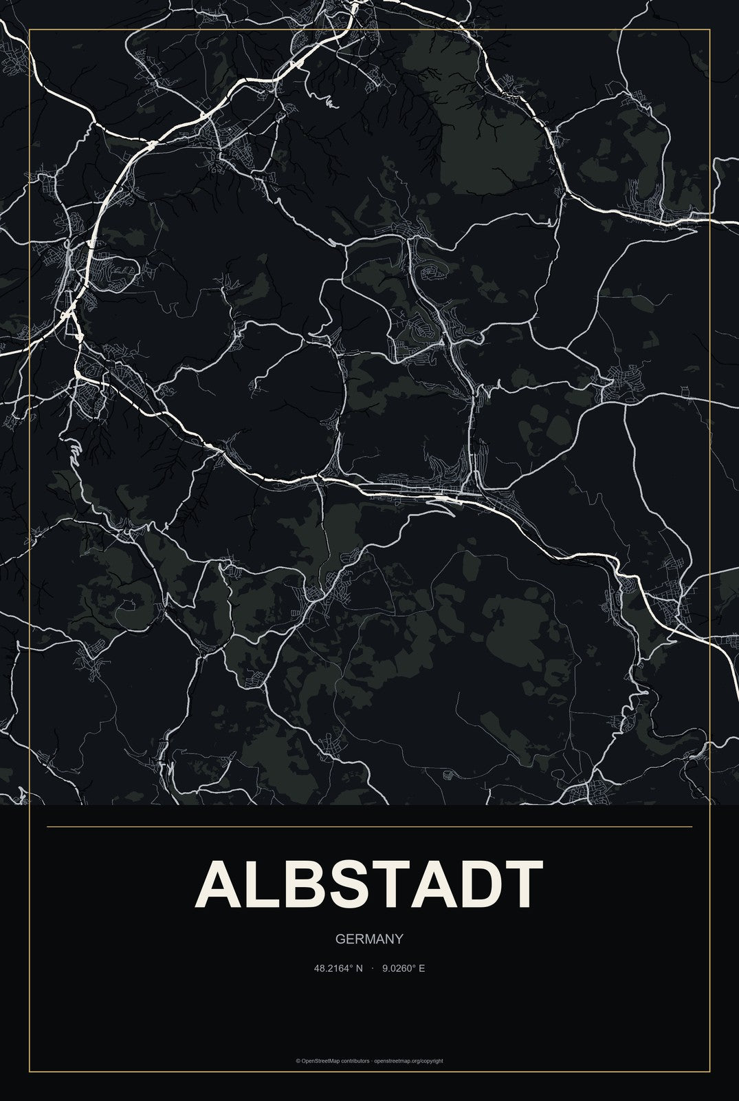 Albstadt, Germany City Map Aluminum Sign in Metropolitan Noir style