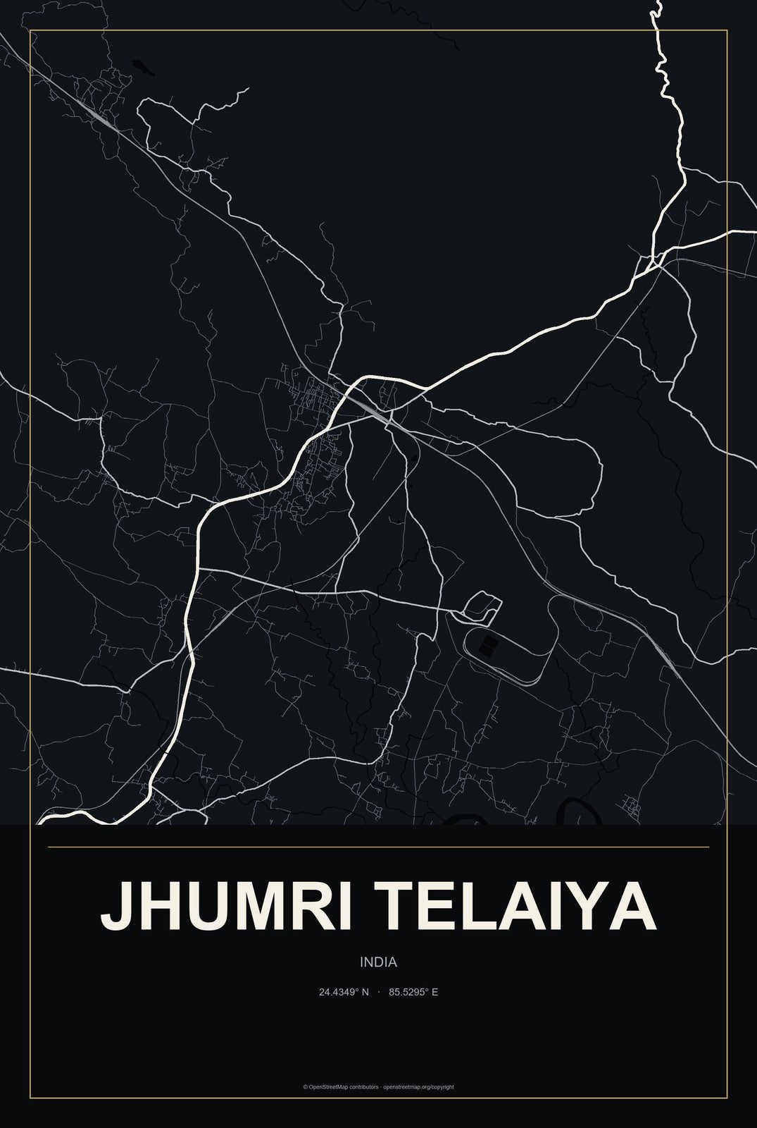 Jhumri Telaiya, India City Map Aluminum Sign in Metropolitan Noir style