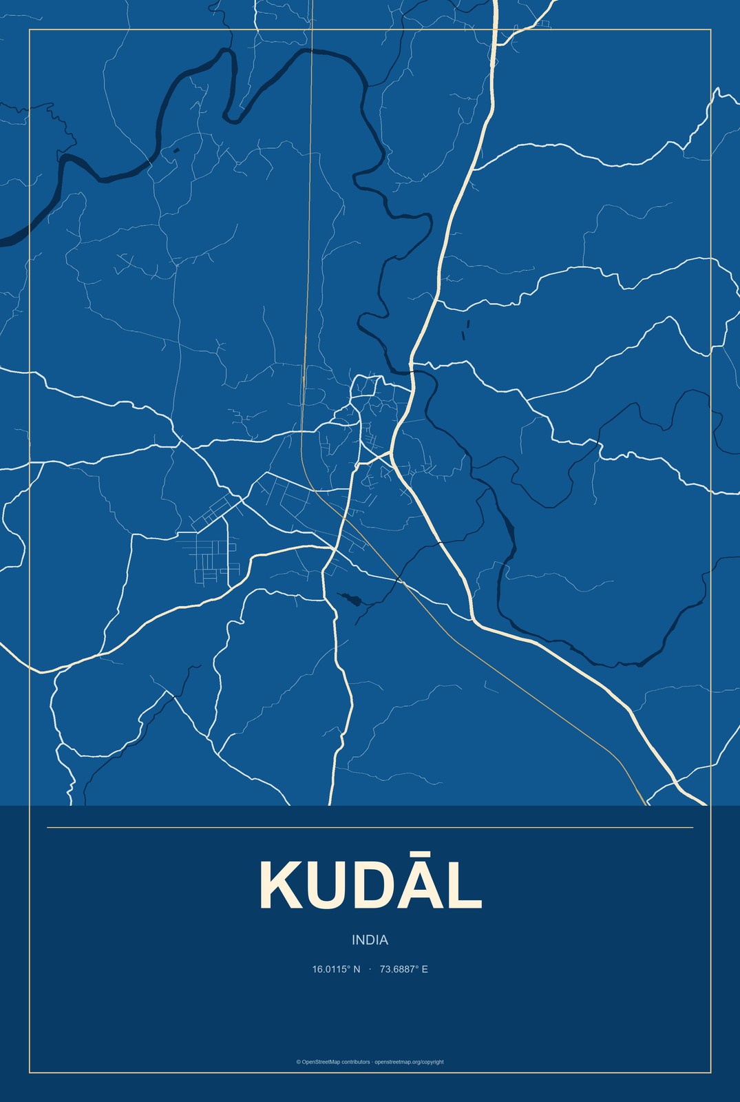 Kudāl, India City Map Aluminum Sign in Harbor Cobalt style