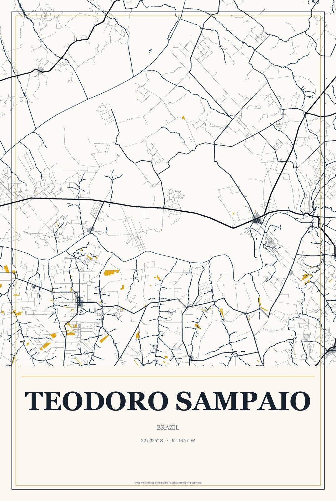 Teodoro Sampaio, Brazil City Map Aluminum Sign in Citrine Modern style