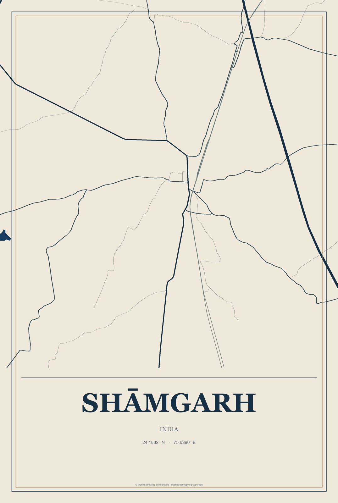 Shāmgarh, India City Map Aluminum Sign in Coastal Cutout style