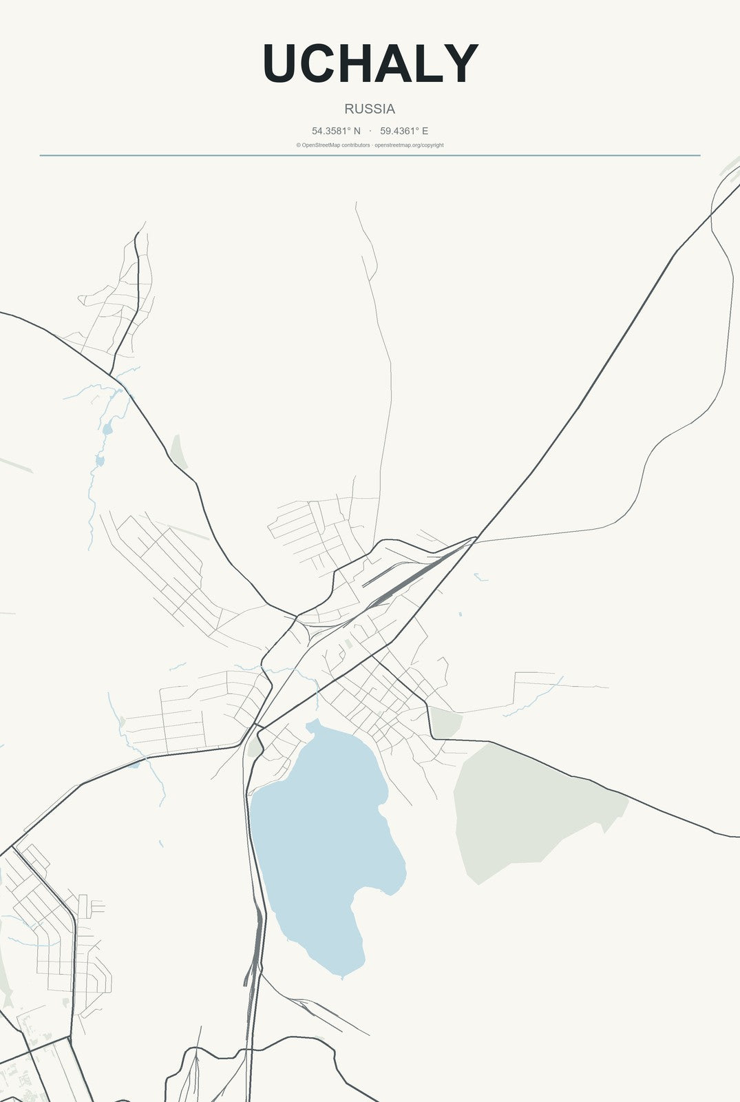 Uchaly, Russia City Map Aluminum Sign in Headline Atlas style