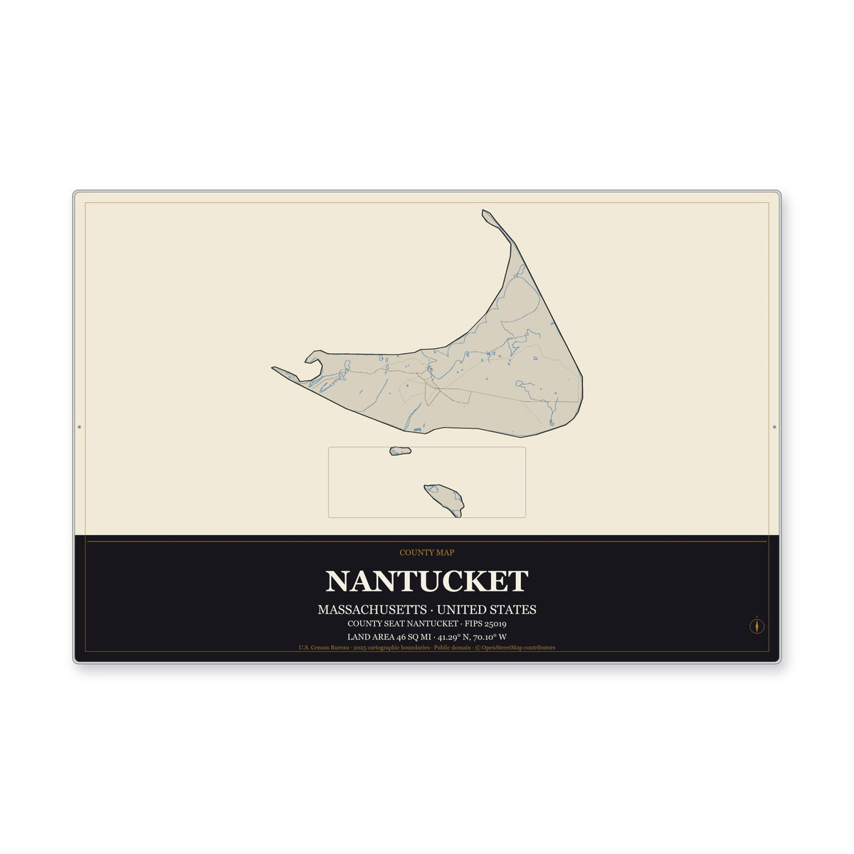 Nantucket County, Massachusetts Map Aluminum Sign in Museum Plaque style