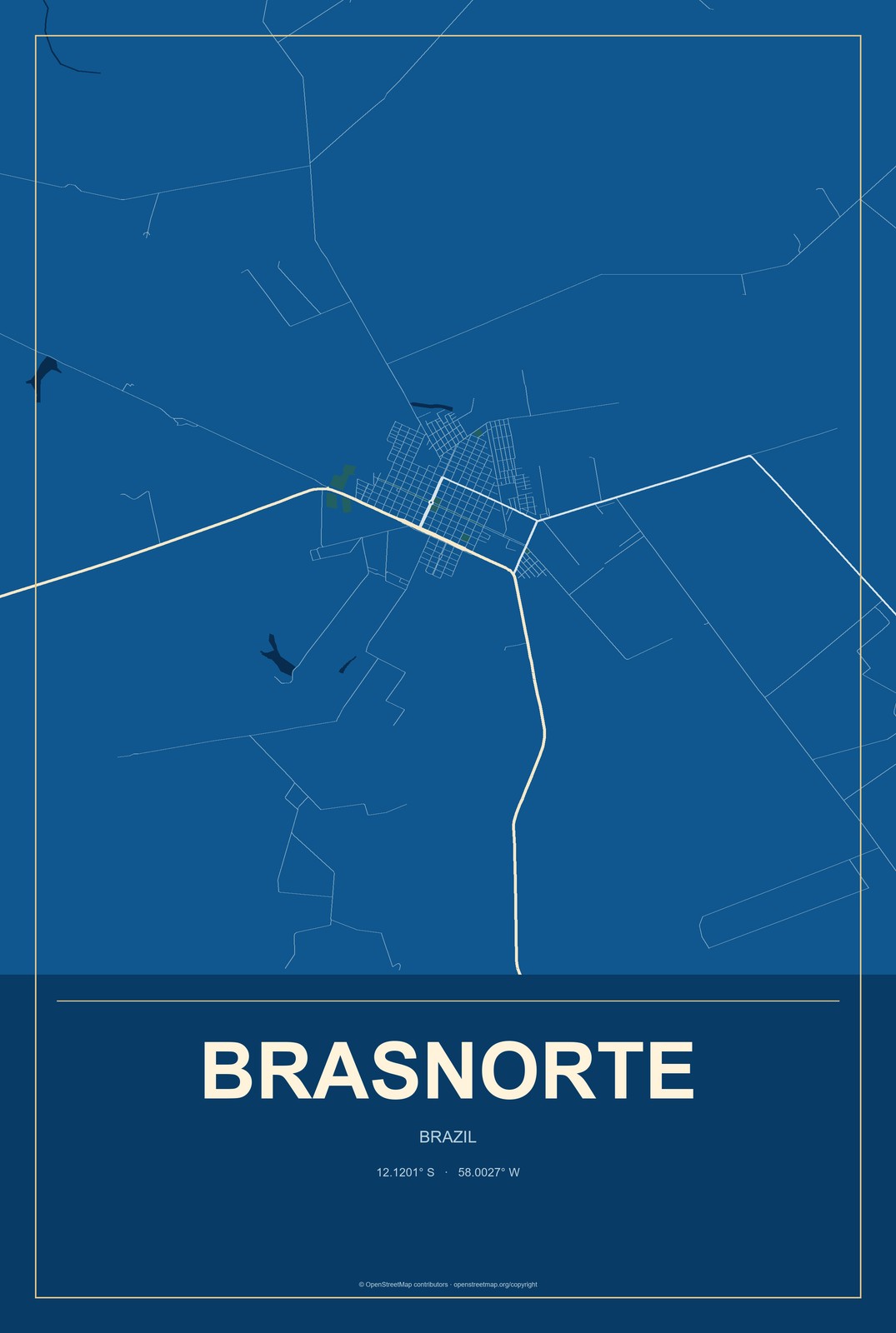 Brasnorte, Brazil City Map Aluminum Sign in Harbor Cobalt style