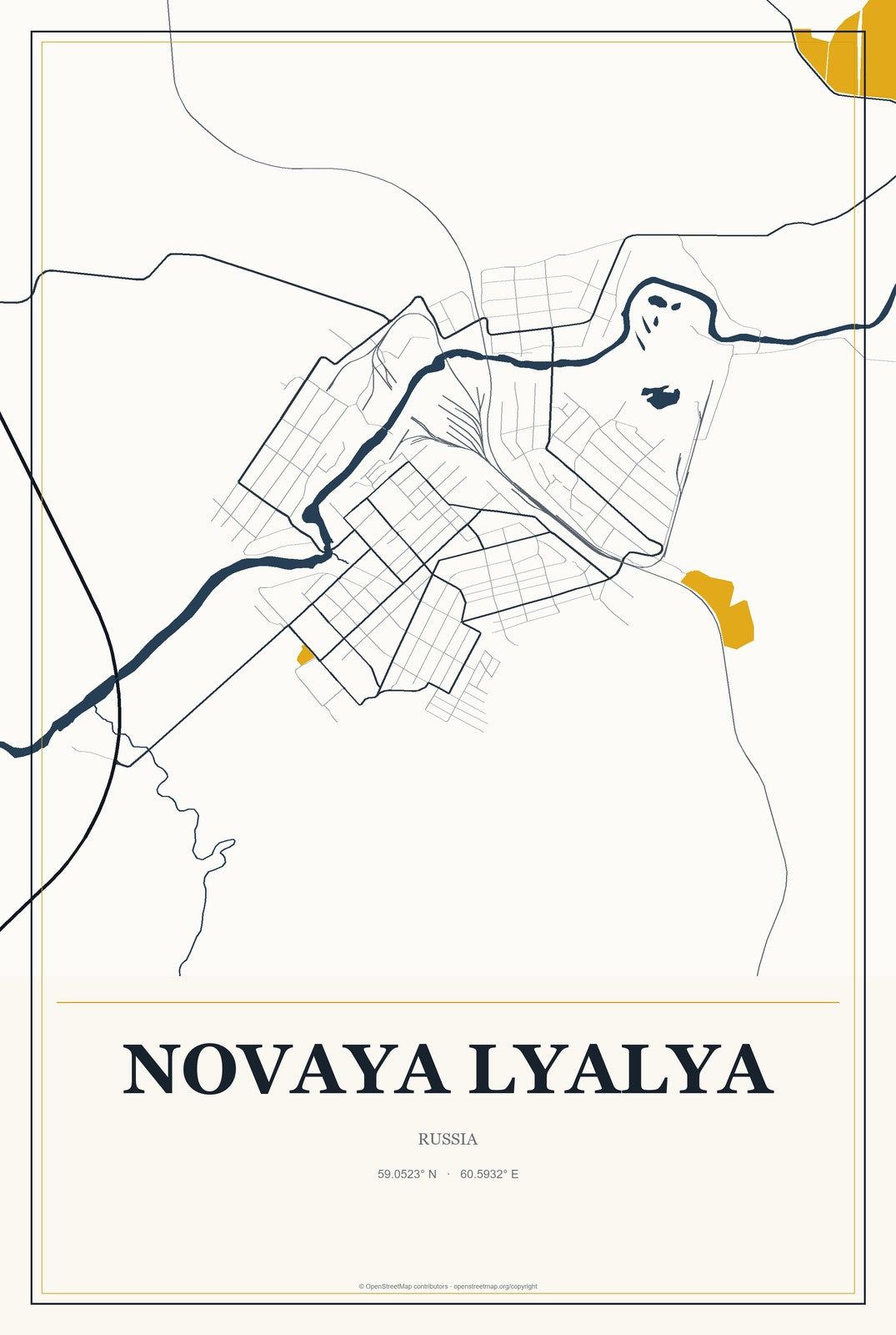 Novaya Lyalya, Russia City Map Aluminum Sign in Citrine Modern style