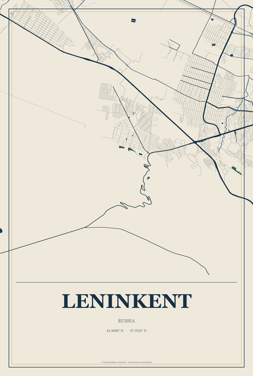 Leninkent, Russia City Map Aluminum Sign in Coastal Cutout style