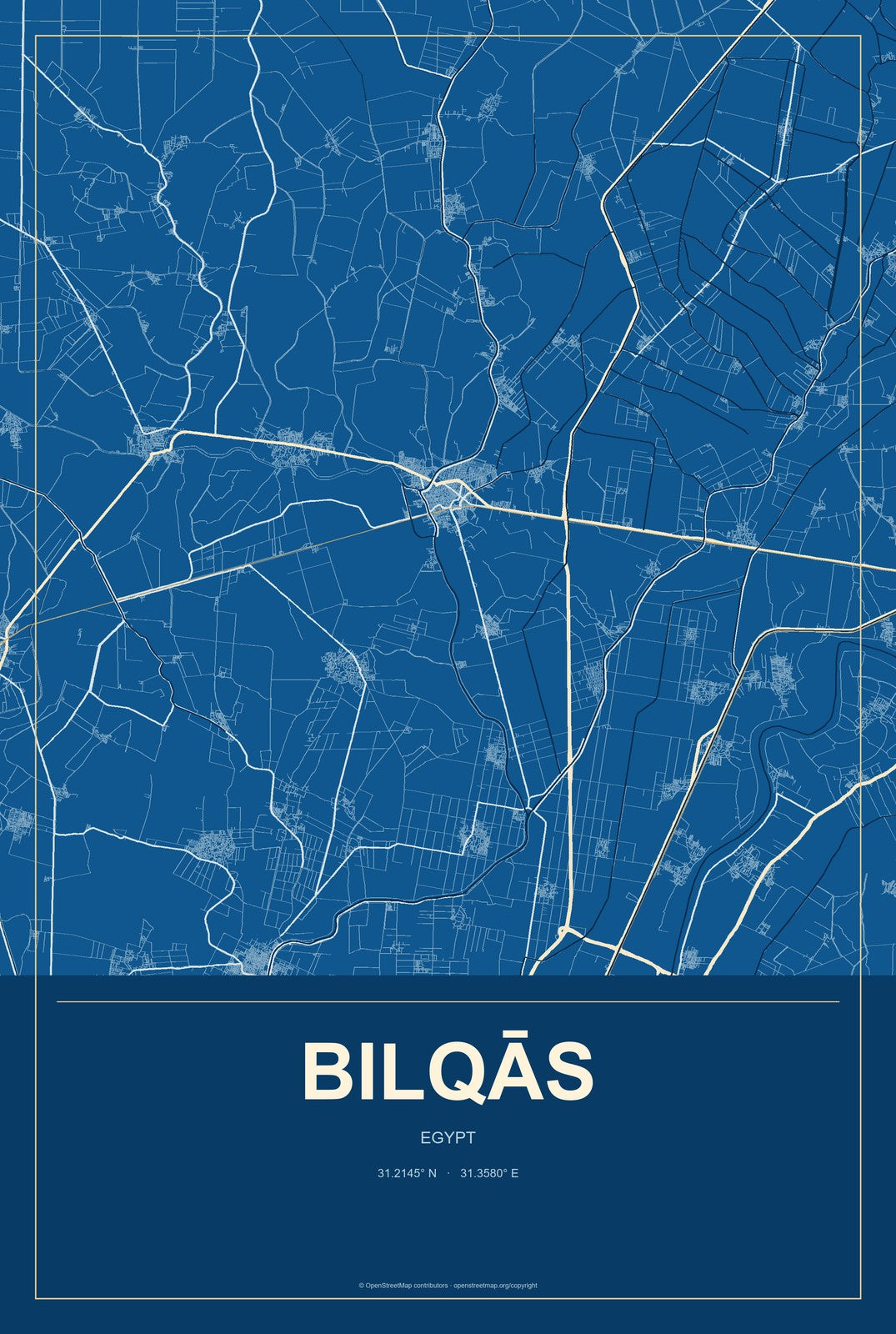 Bilqās, Egypt City Map Aluminum Sign in Harbor Cobalt style