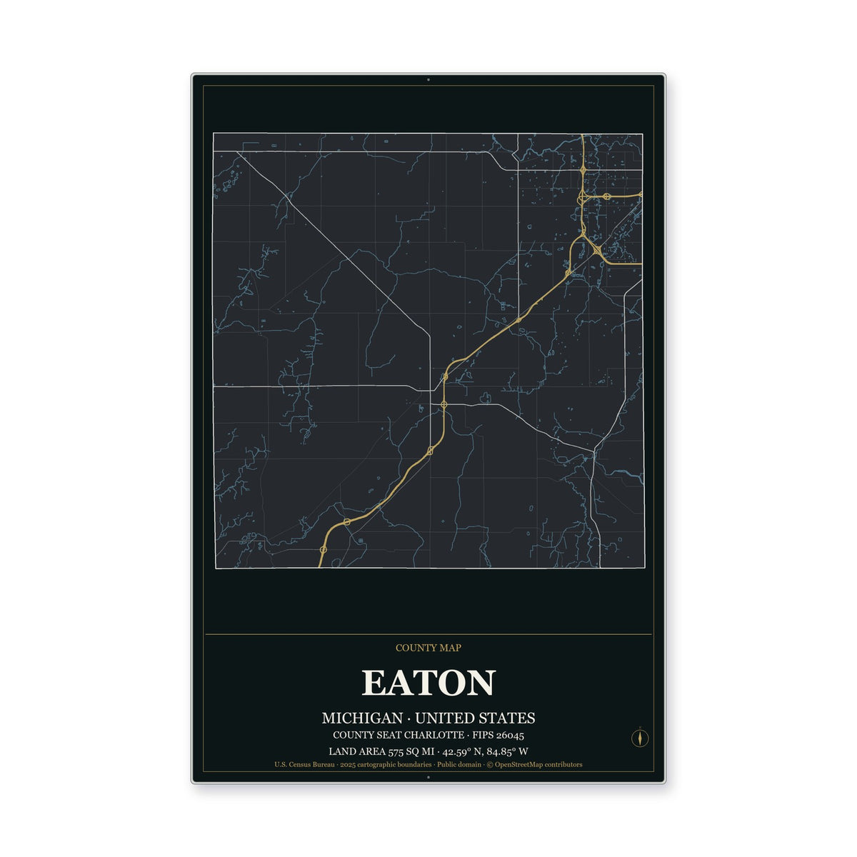 Eaton County, Michigan Map Aluminum Sign in Metropolitan Noir style