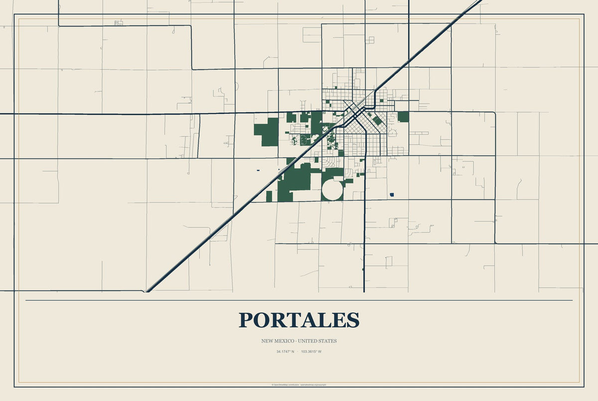 Portales, New Mexico City Map Aluminum Sign in Coastal Cutout style