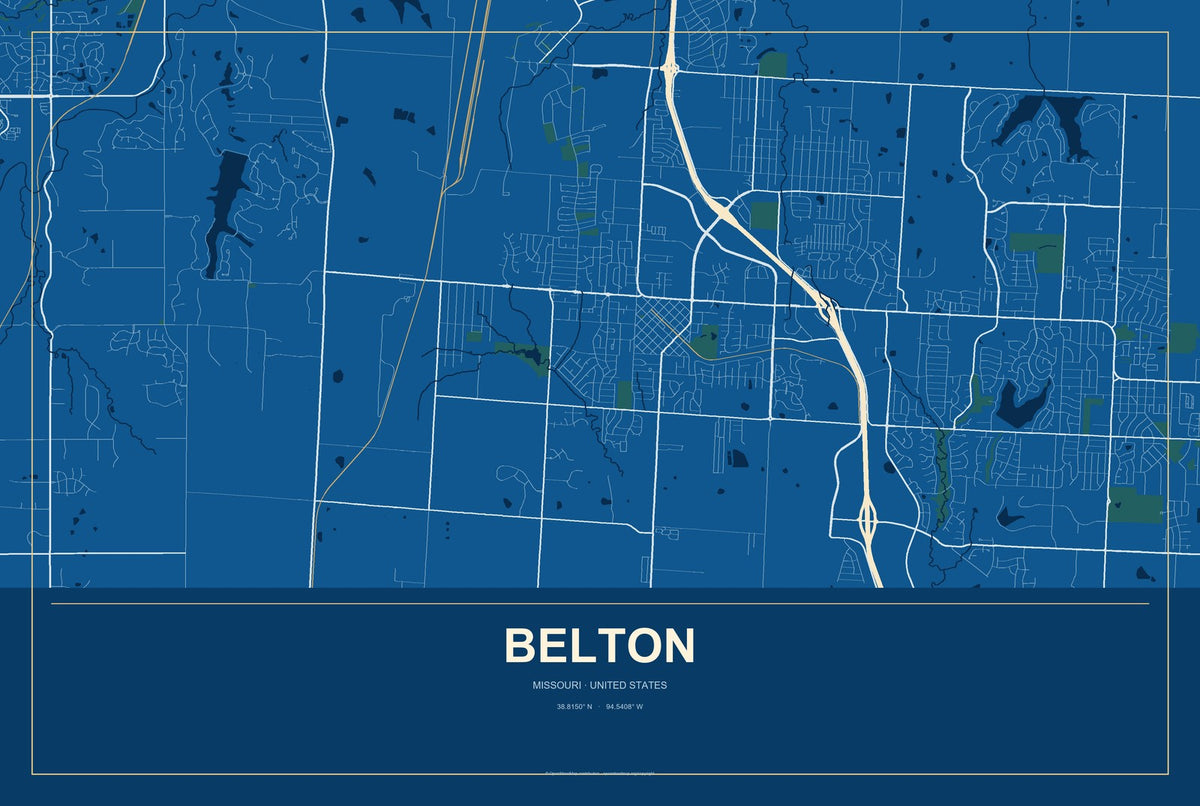 Belton, Missouri City Map Aluminum Sign in Harbor Cobalt style