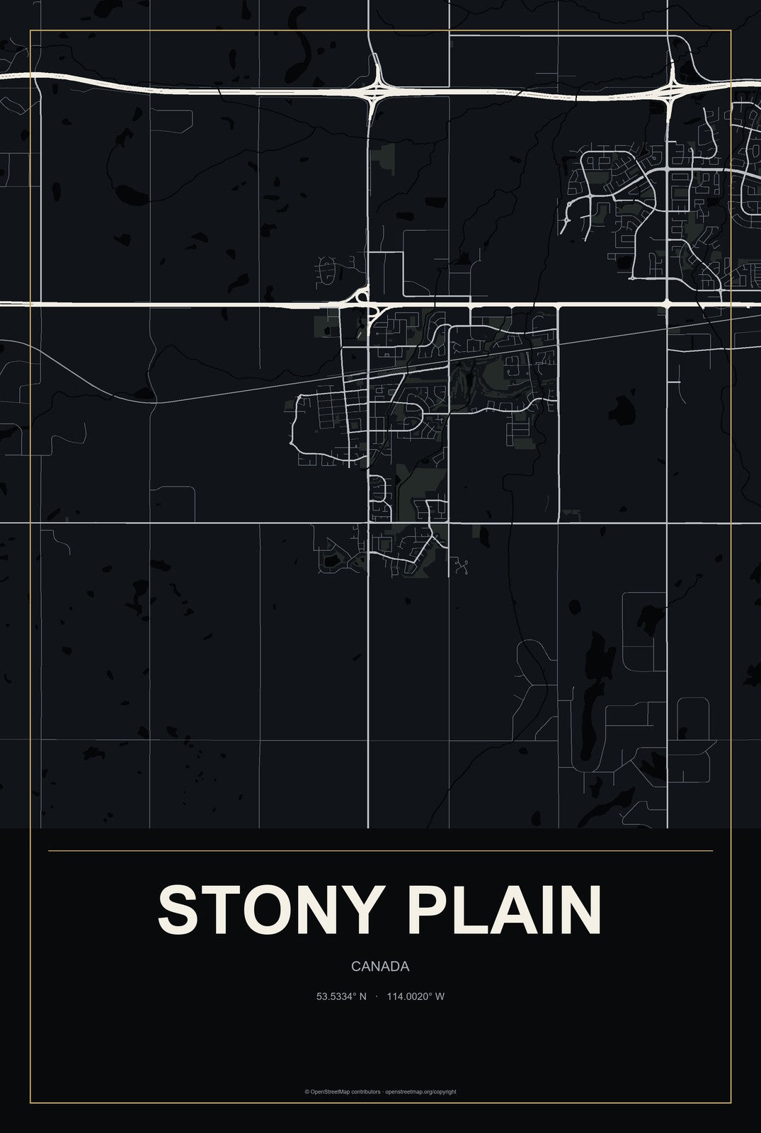 Stony Plain, Canada City Map Aluminum Sign in Metropolitan Noir style