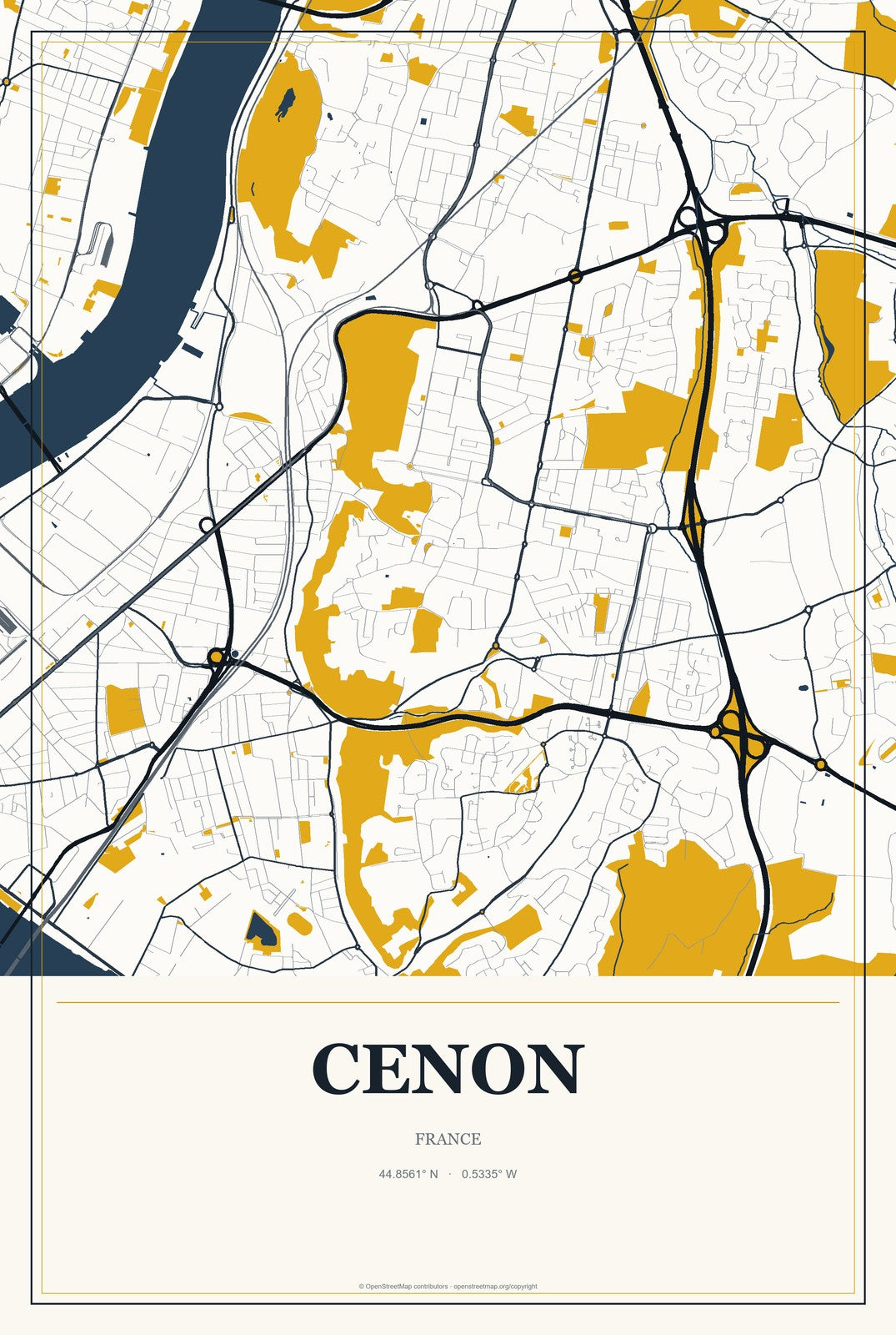 Cenon, France City Map Aluminum Sign in Citrine Modern style