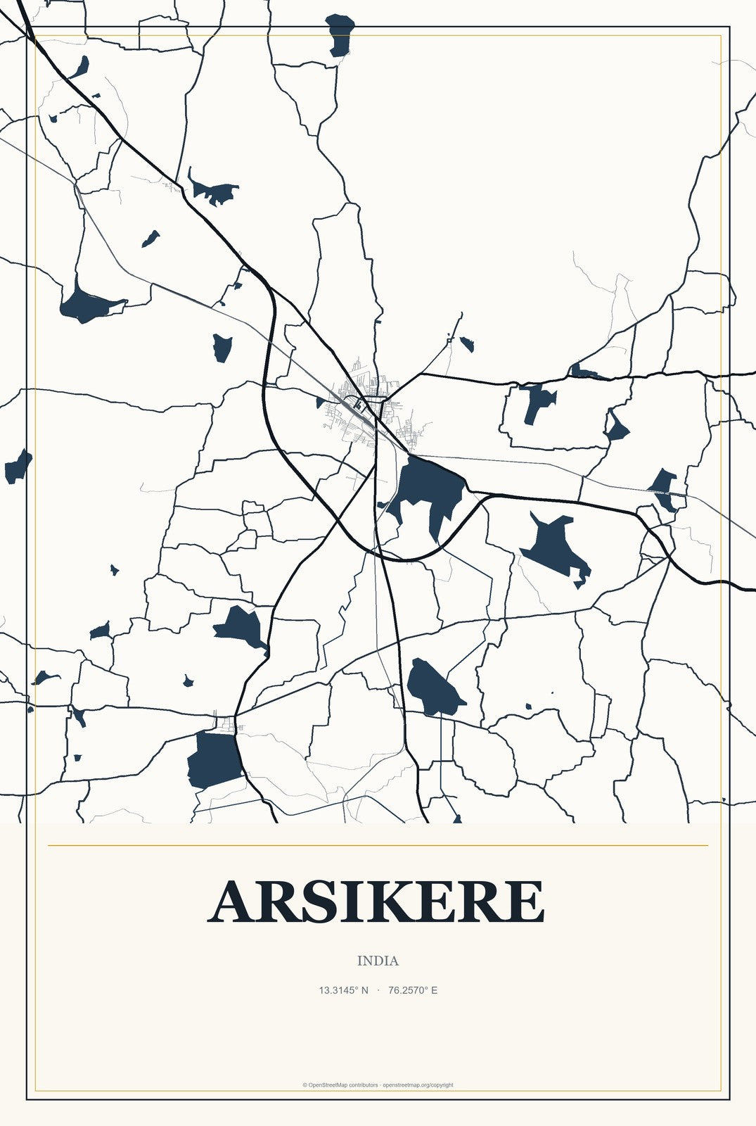 Arsikere, India City Map Aluminum Sign in Citrine Modern style