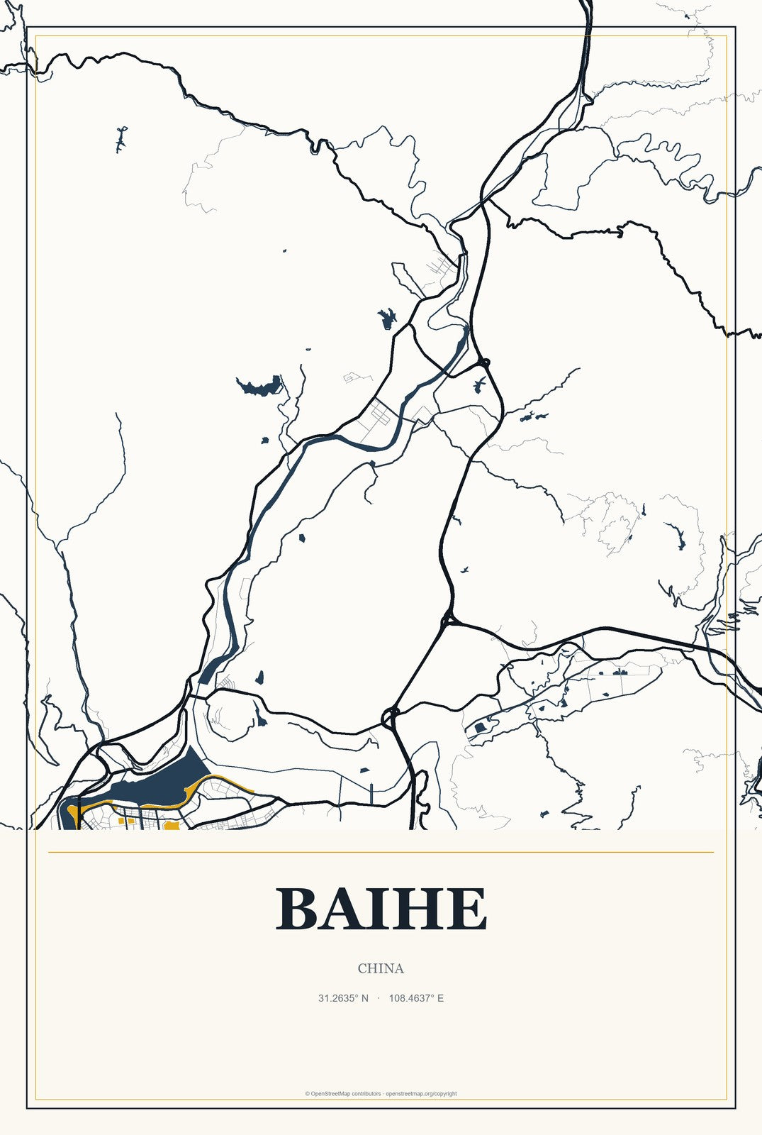 Baihe, Gansu, China City Map Aluminum Sign in Citrine Modern style