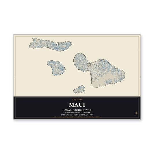 Maui County, Hawaii Map Aluminum Sign in Museum Plaque style