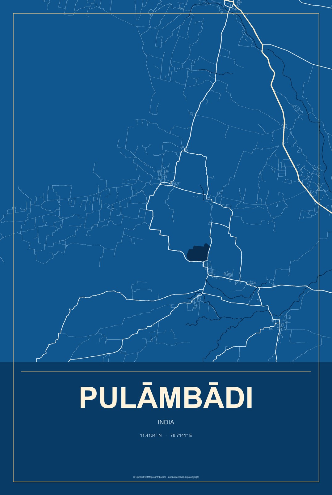 Pulāmbādi, India City Map Aluminum Sign in Harbor Cobalt style