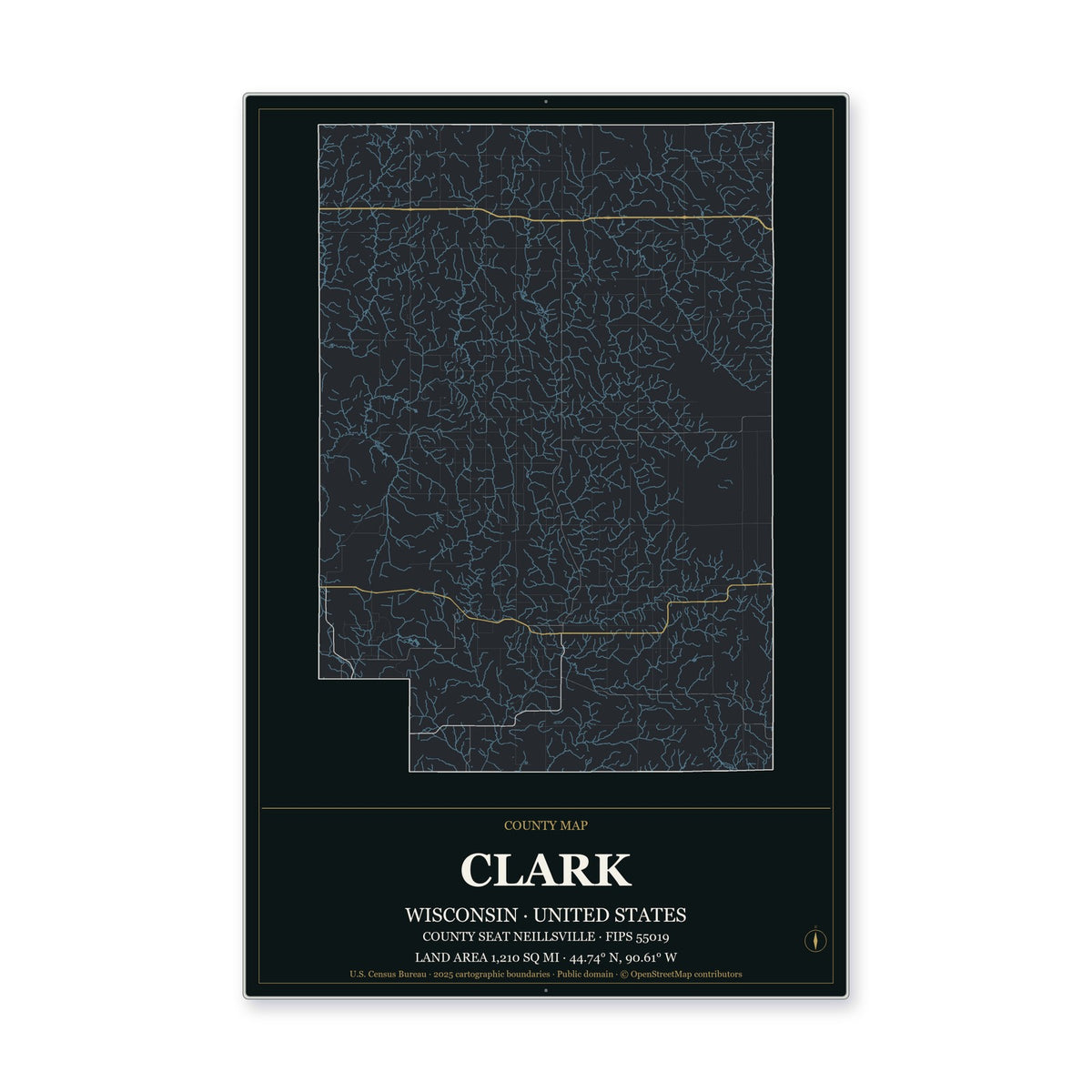 Clark County, Wisconsin Map Aluminum Sign in Metropolitan Noir style