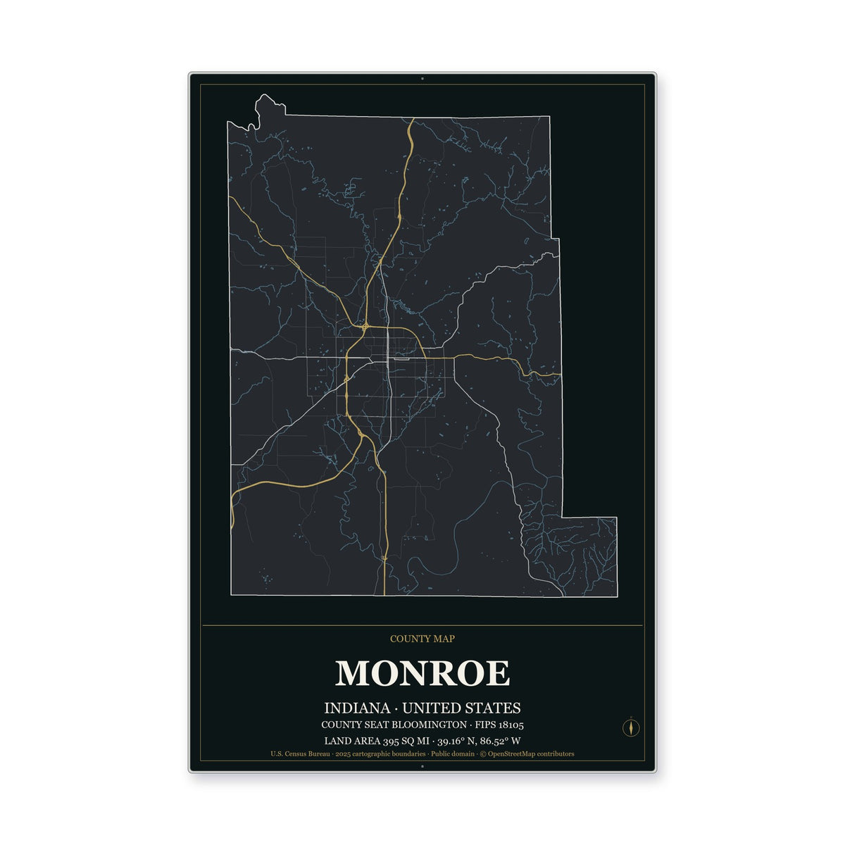 Monroe County, Indiana Map Aluminum Sign in Metropolitan Noir style