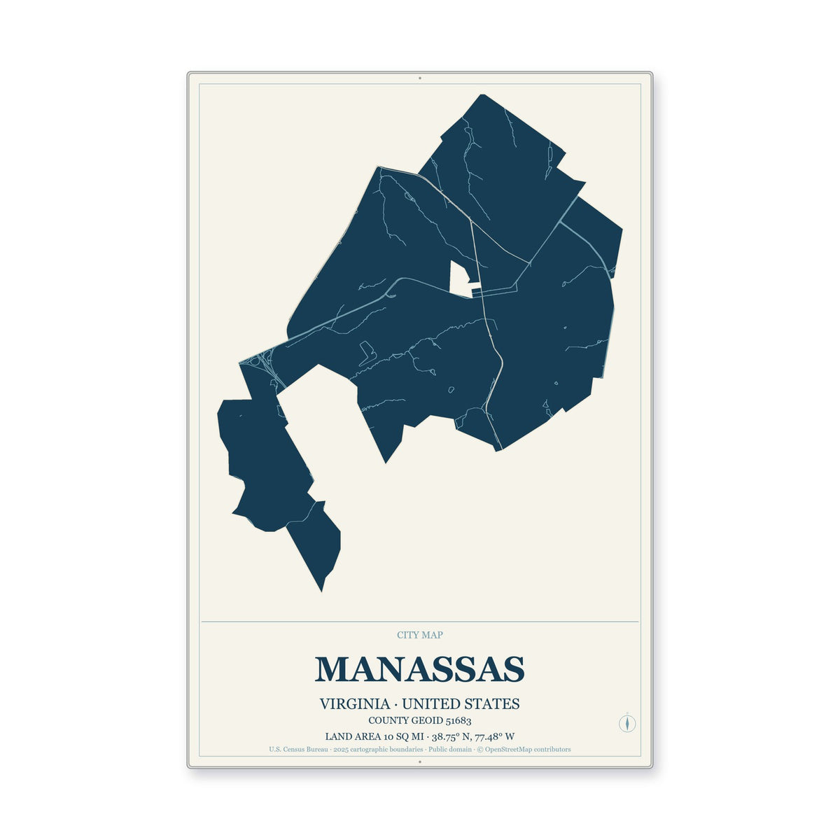 Manassas city, Virginia Map Aluminum Sign in Coastal Cutout style