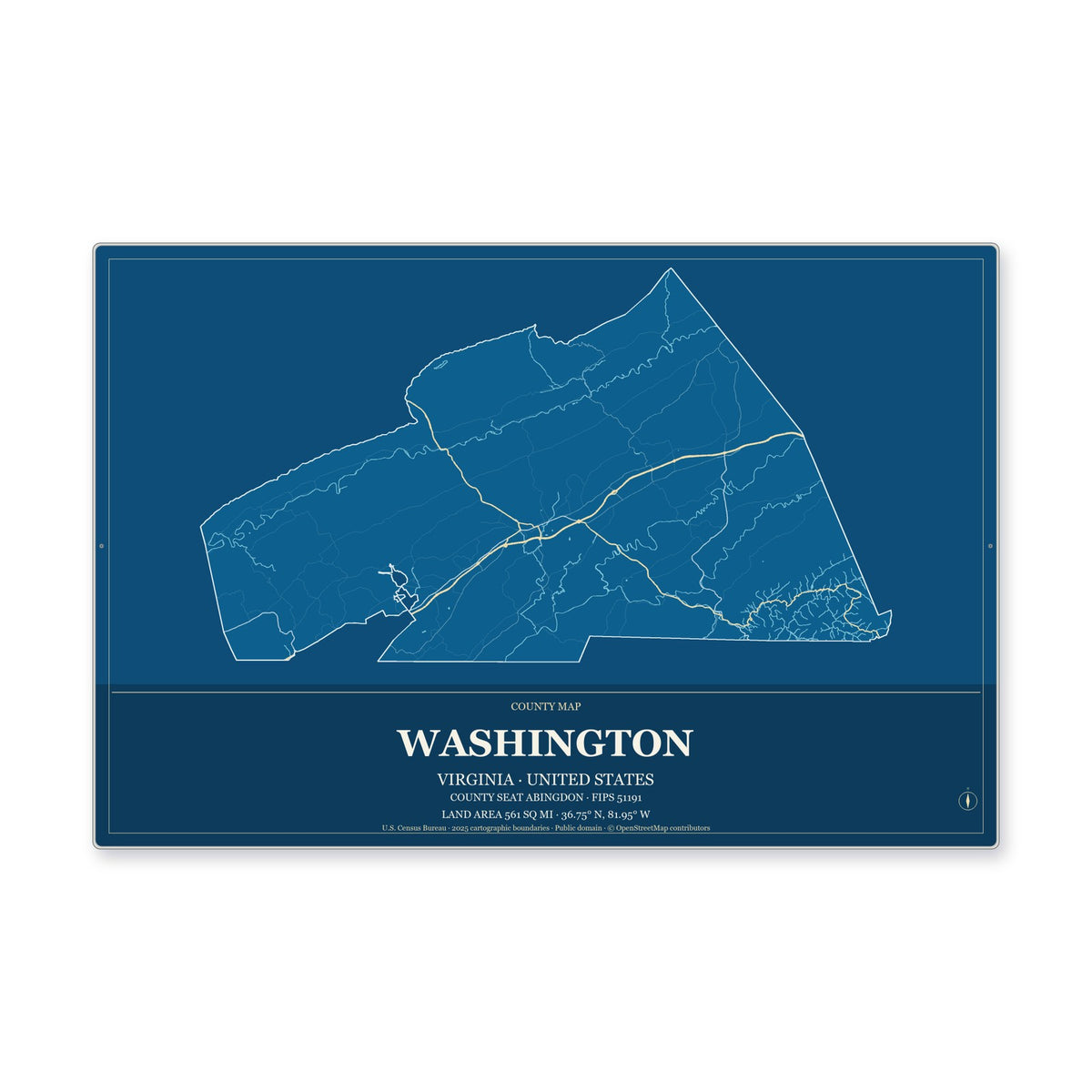 Washington County, Virginia Map Aluminum Sign in Harbor Cobalt style