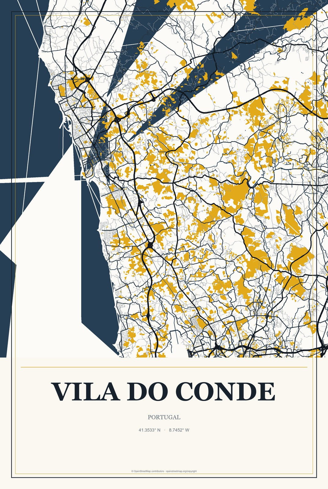 Vila do Conde, Portugal City Map Aluminum Sign in Citrine Modern style
