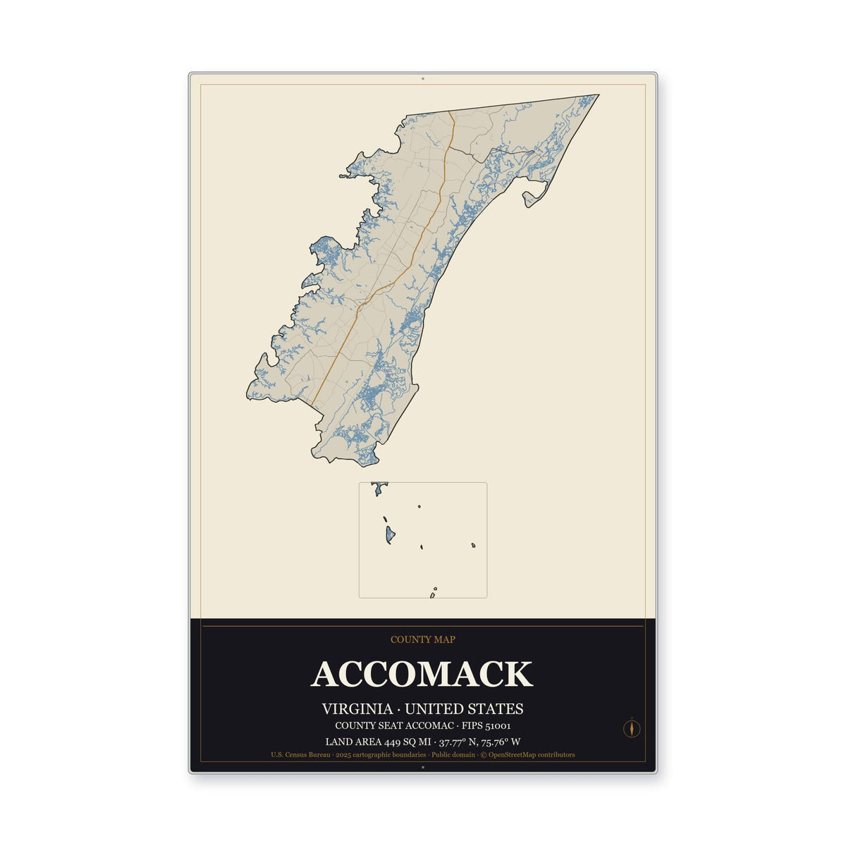 Accomack County, Virginia Map Aluminum Sign in Museum Plaque style