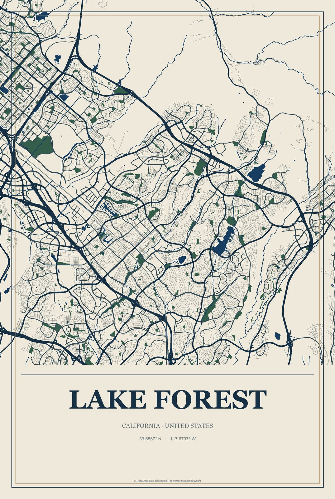 Lake Forest, California City Map Aluminum Sign in Coastal Cutout style