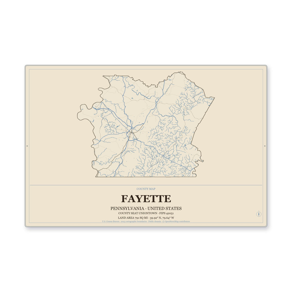 Fayette County, Pennsylvania Map Aluminum Sign in Heritage Nautical style