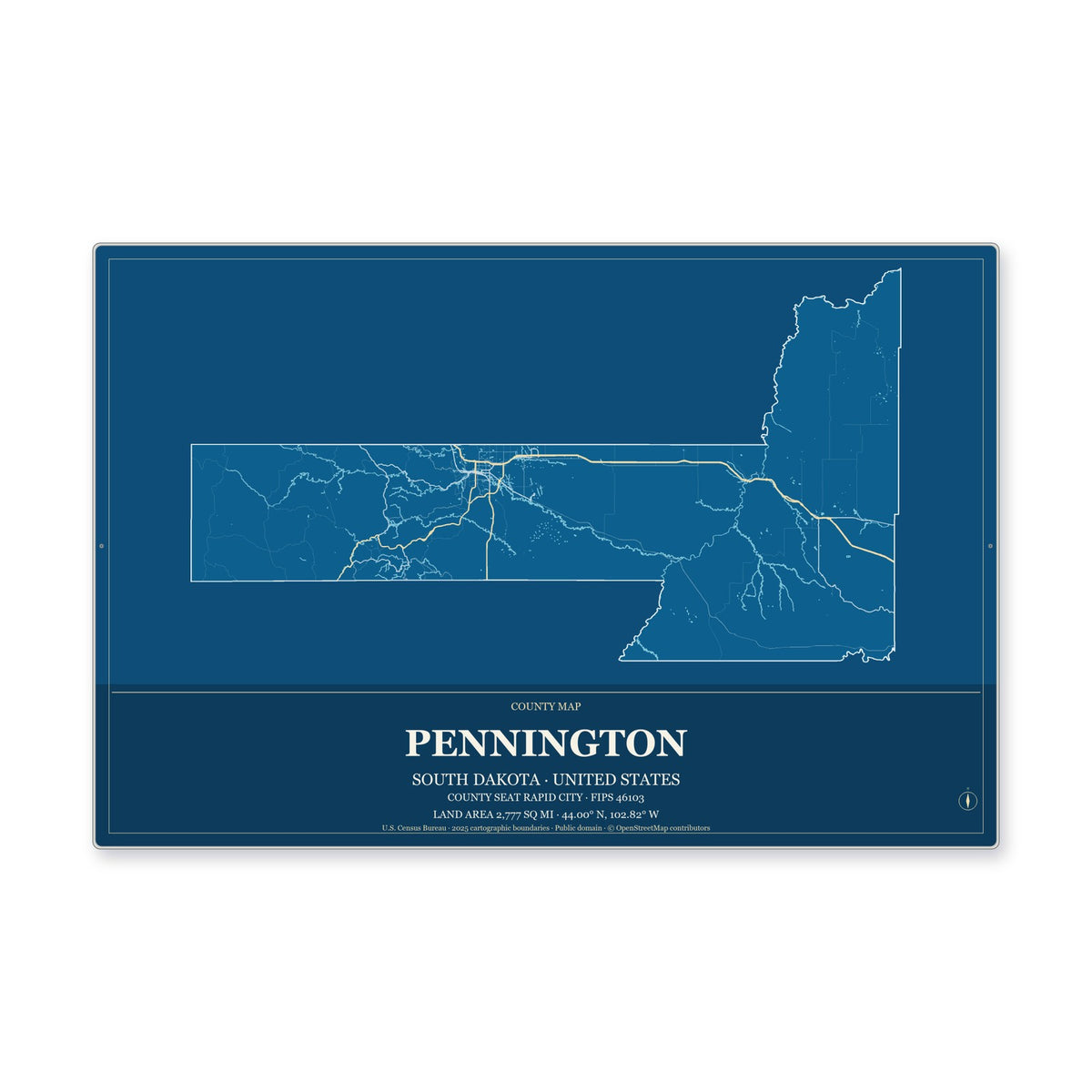 Pennington County, South Dakota Map Aluminum Sign in Harbor Cobalt style