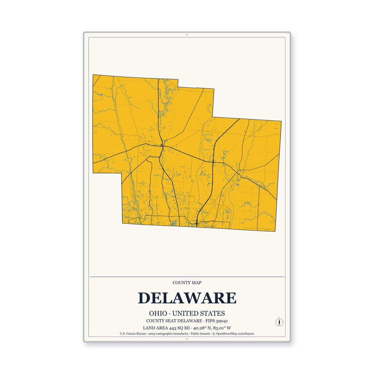 Delaware County, Ohio Map Aluminum Sign in Citrine Modern style