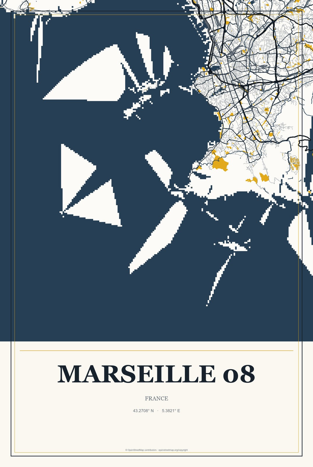 Marseille 08, France City Map Aluminum Sign in Citrine Modern style