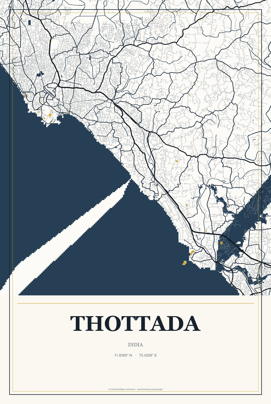 Thottada, India City Map Aluminum Sign in Citrine Modern style