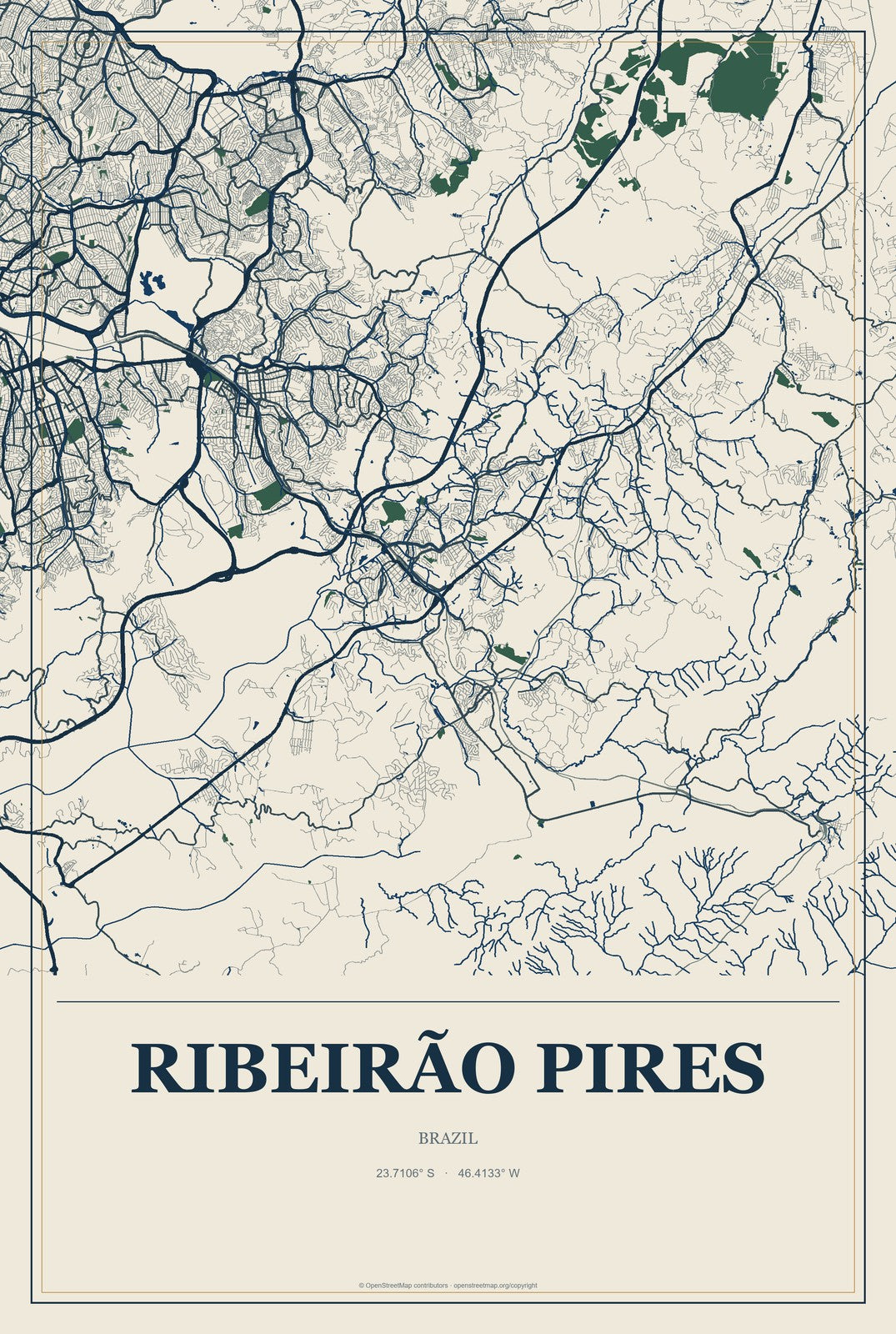 Ribeirão Pires, Brazil City Map Aluminum Sign in Coastal Cutout style