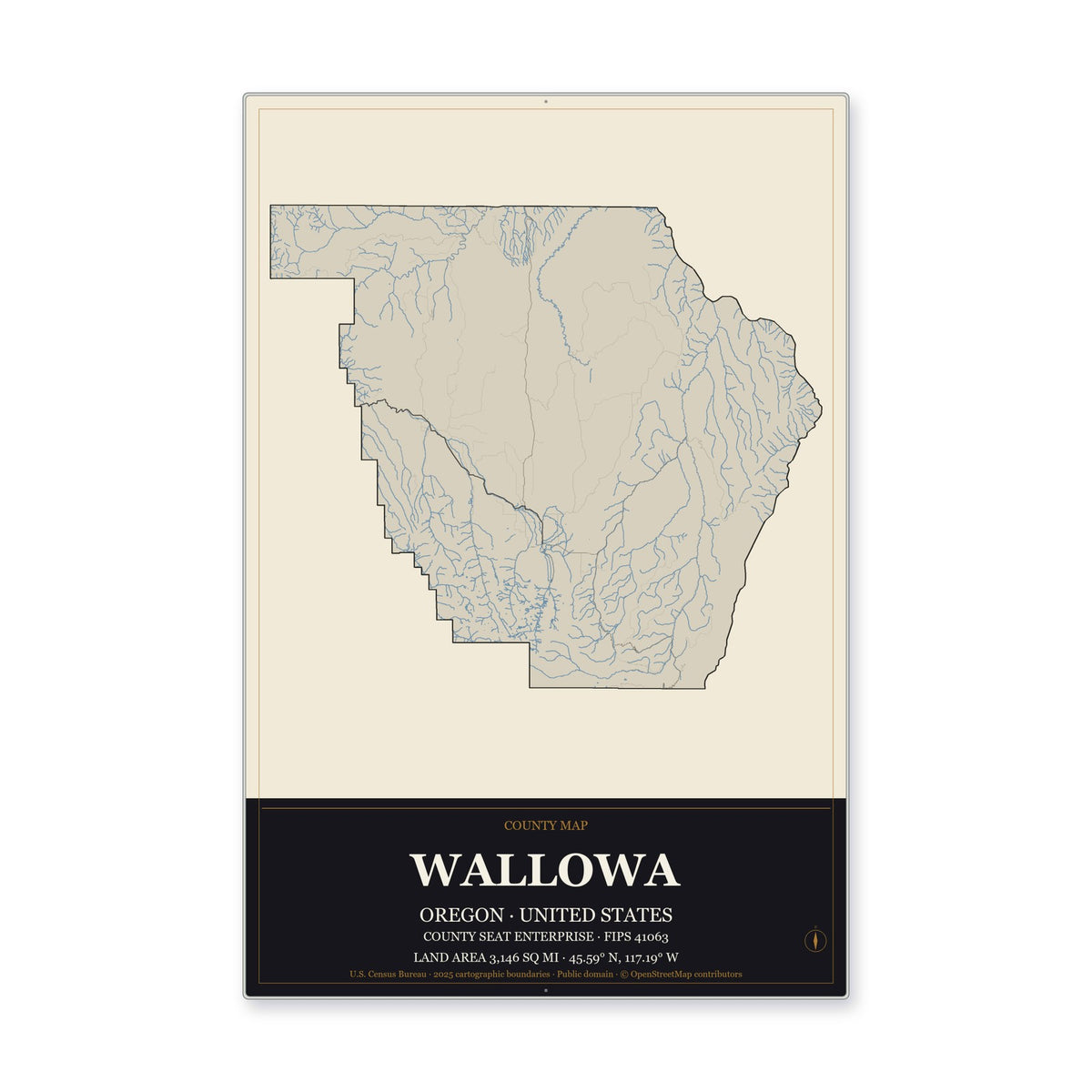 Wallowa County, Oregon Map Aluminum Sign in Museum Plaque style