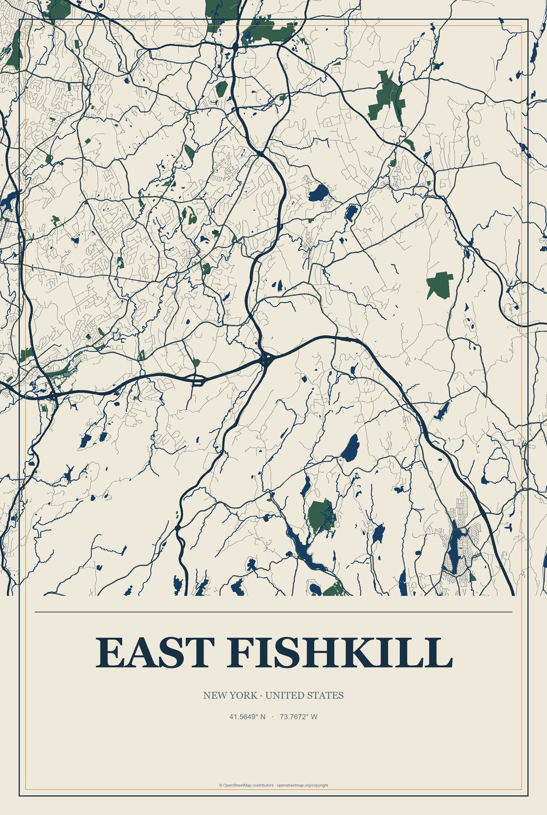 East Fishkill, New York City Map Aluminum Sign in Coastal Cutout style