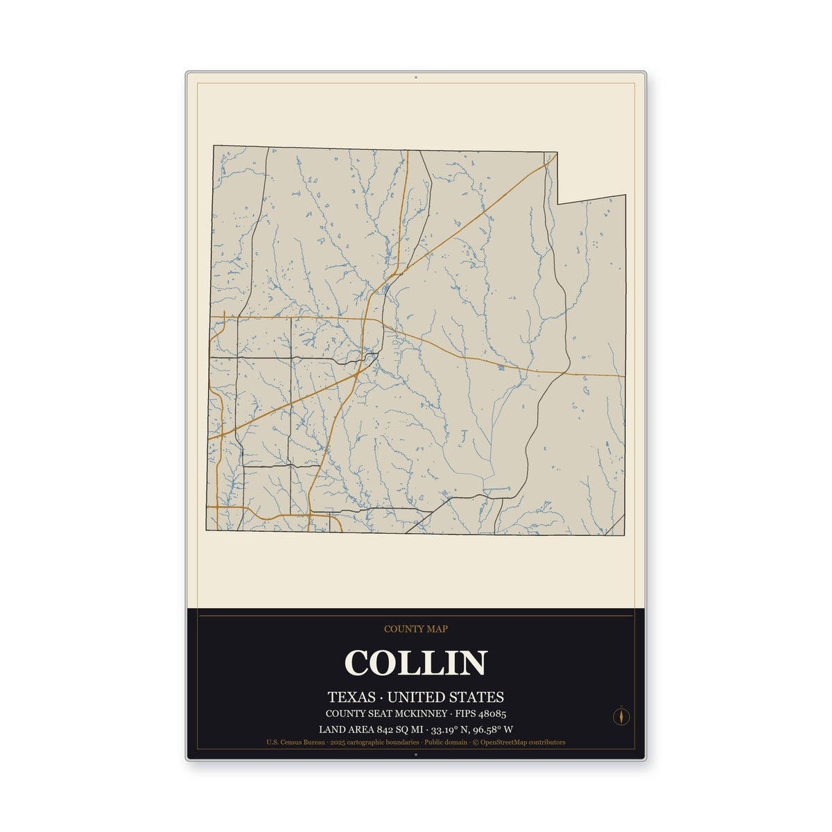 Collin County, Texas Map Aluminum Sign in Museum Plaque style