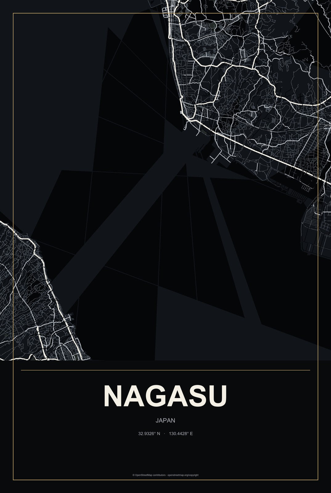 Nagasu, Japan City Map Aluminum Sign in Metropolitan Noir style