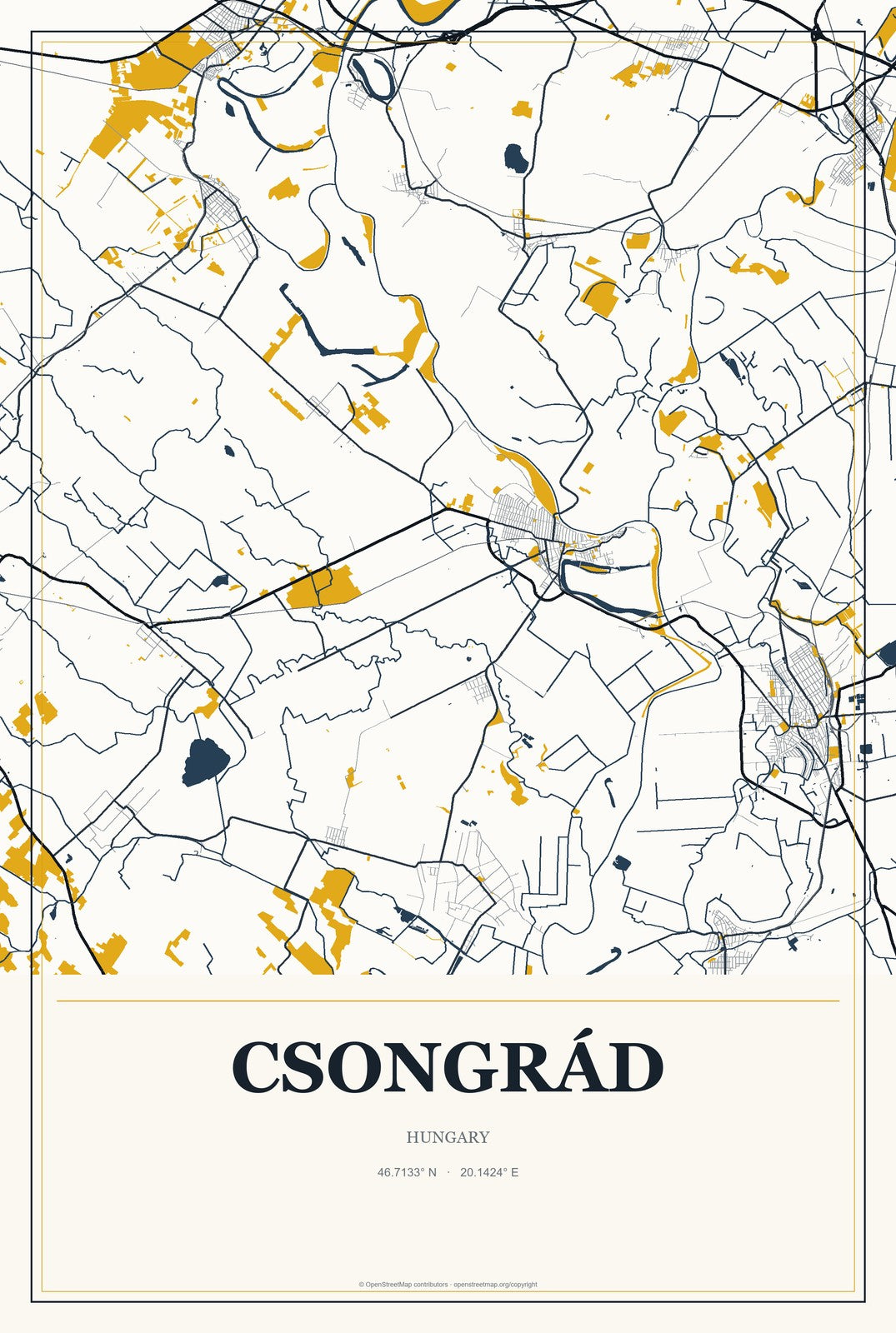 Csongrád, Hungary City Map Aluminum Sign in Citrine Modern style