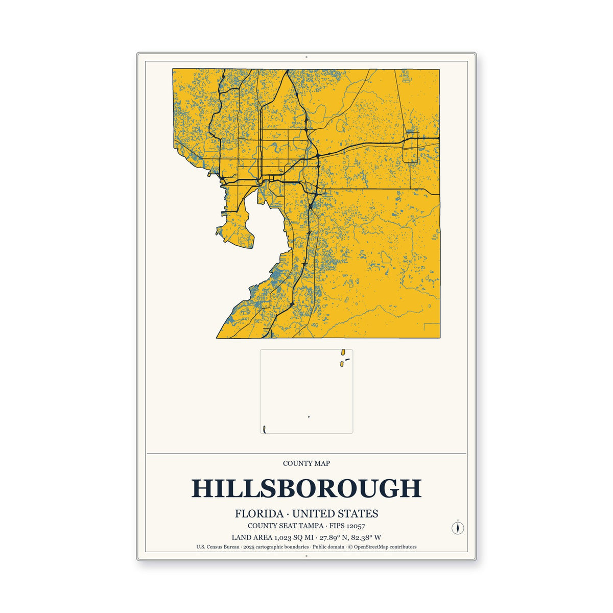 Hillsborough County, Florida Map Aluminum Sign in Citrine Modern style