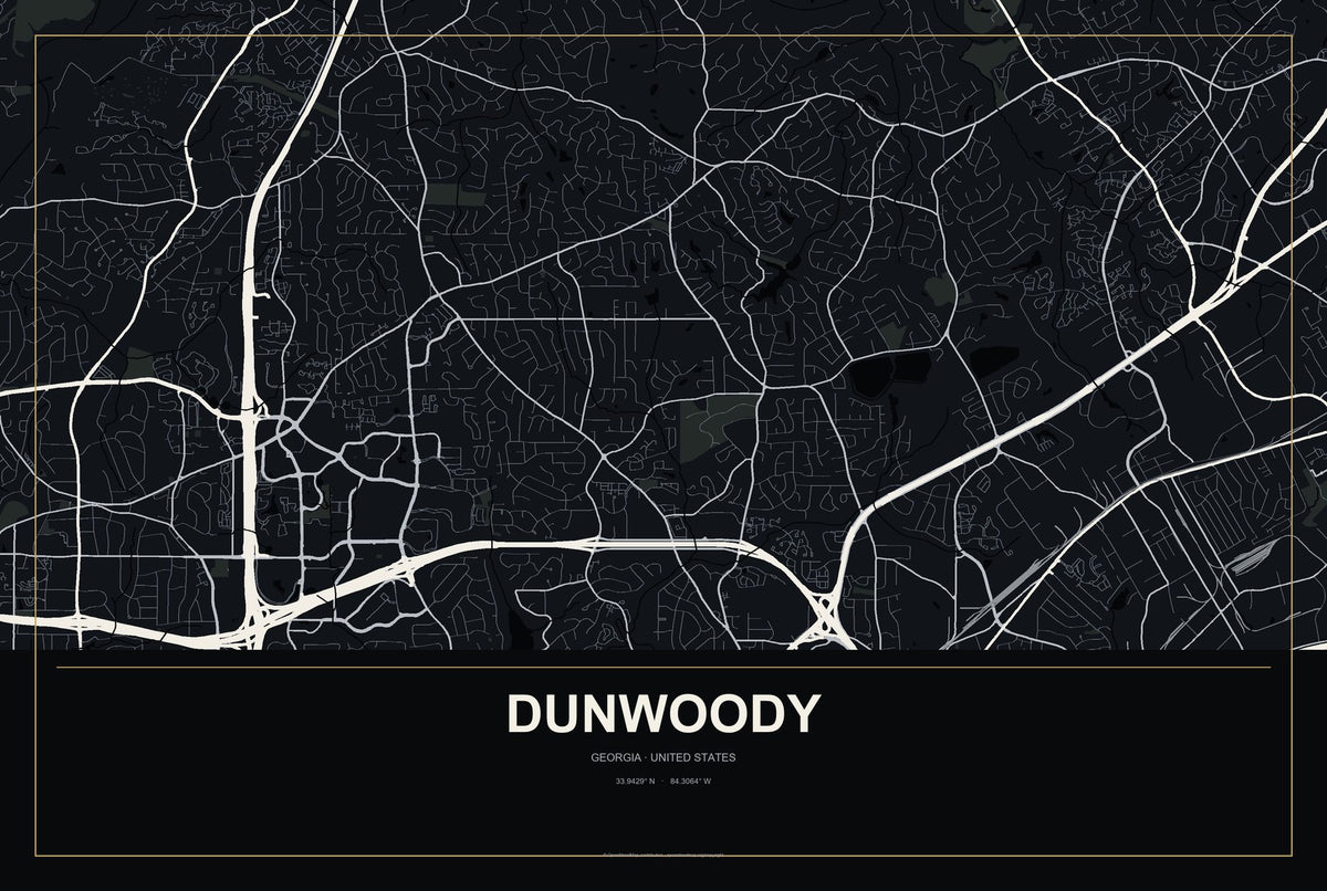 Dunwoody, Georgia City Map Aluminum Sign in Metropolitan Noir style