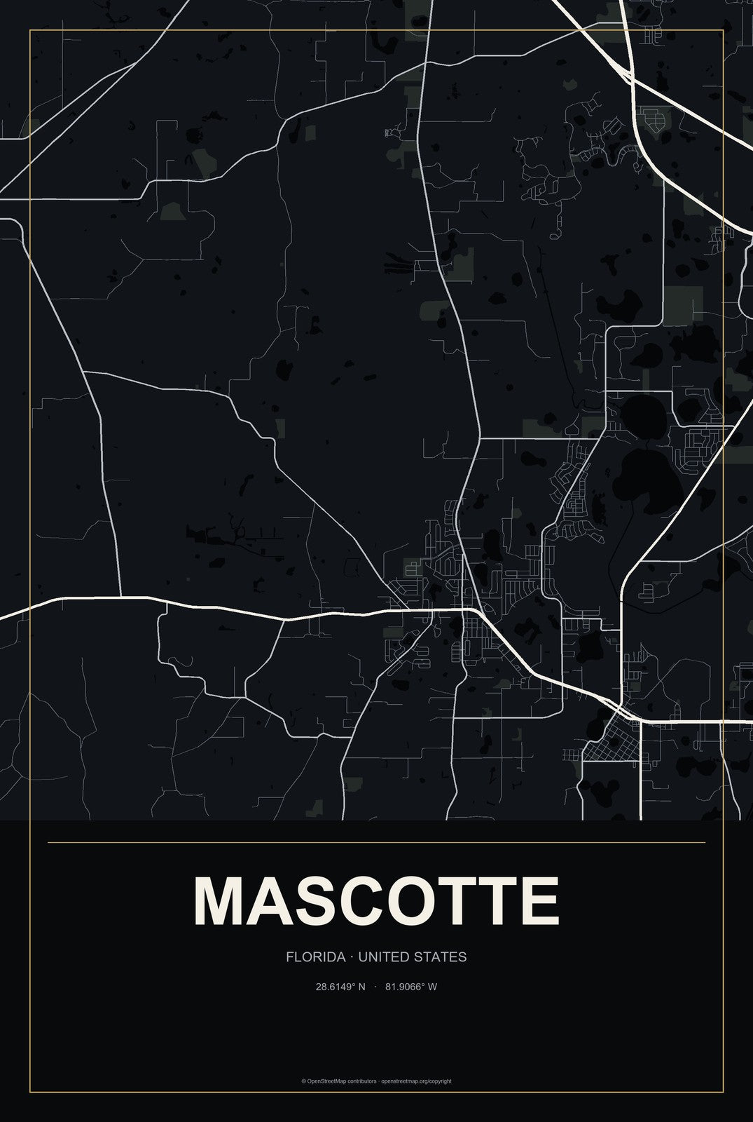 Mascotte, Florida City Map Aluminum Sign in Metropolitan Noir style