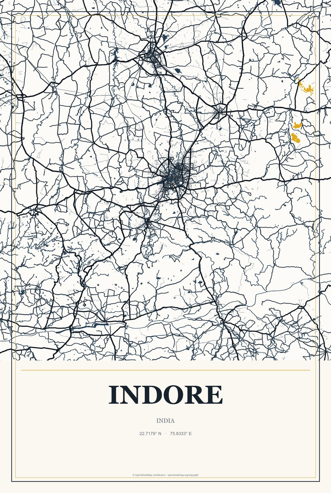 Indore, India City Map Aluminum Sign in Citrine Modern style