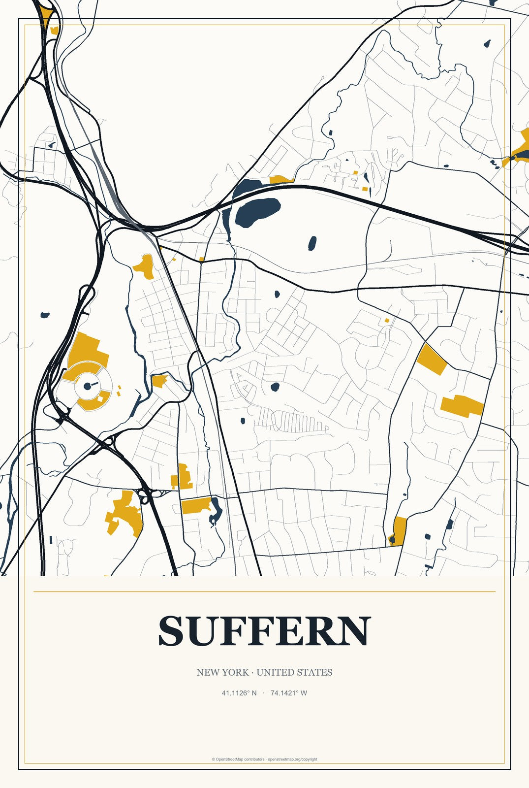 Suffern, New York City Map Aluminum Sign in Citrine Modern style