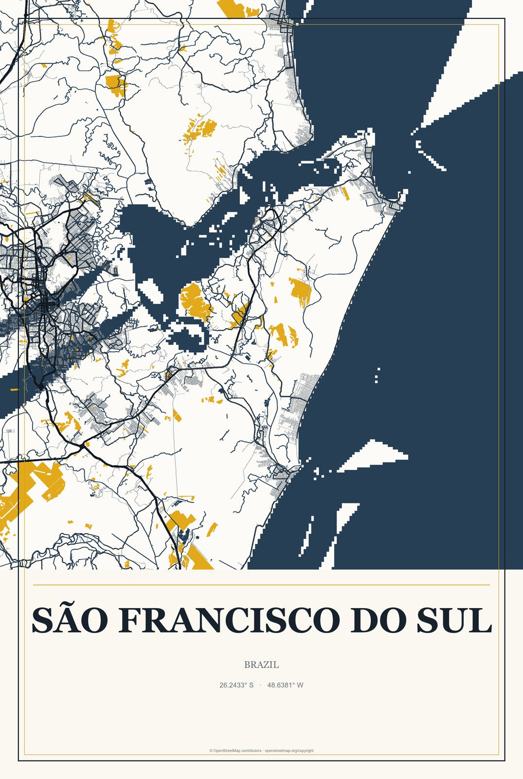São Francisco do Sul, Brazil City Map Aluminum Sign in Citrine Modern style