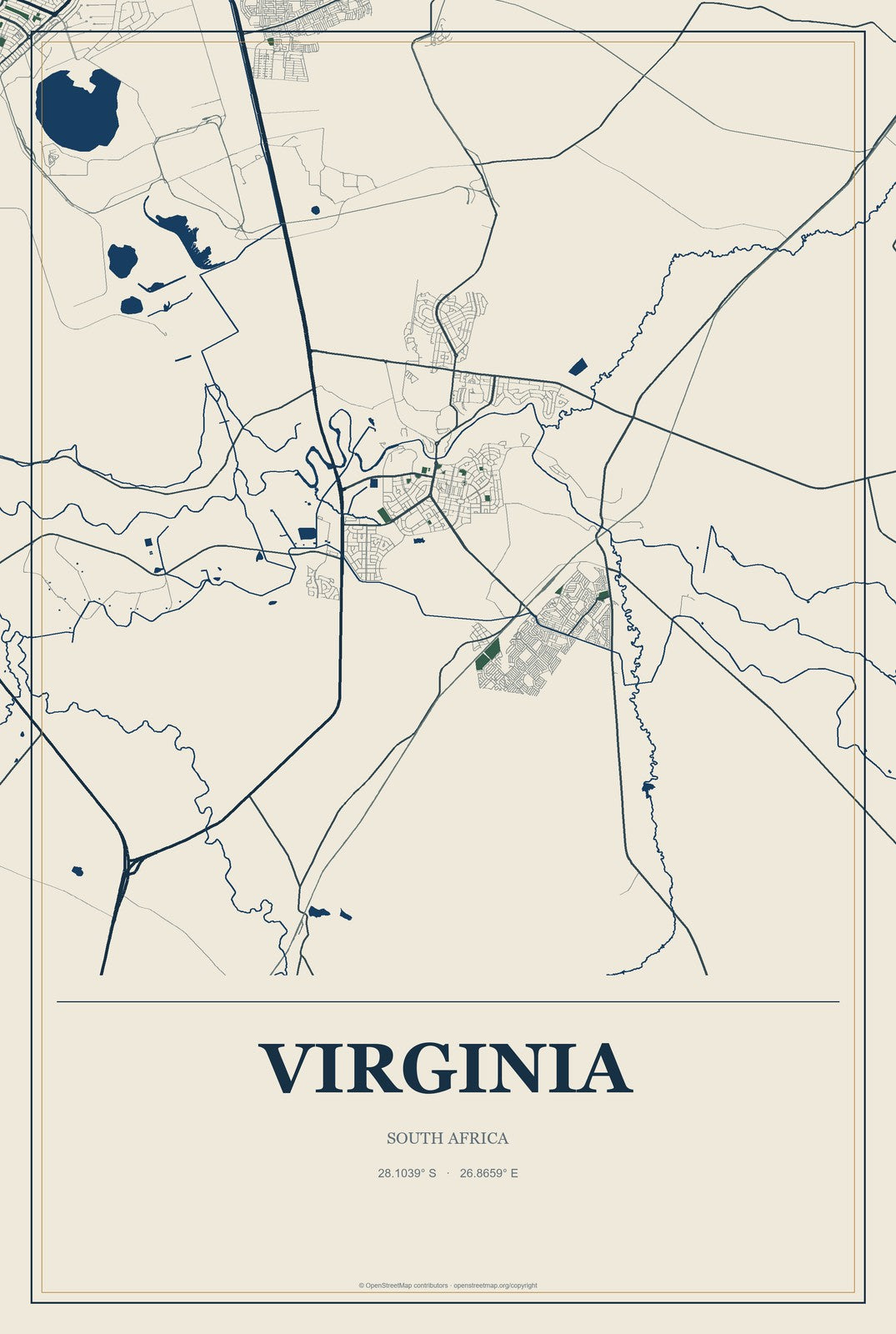 Virginia, South Africa City Map Aluminum Sign in Coastal Cutout style