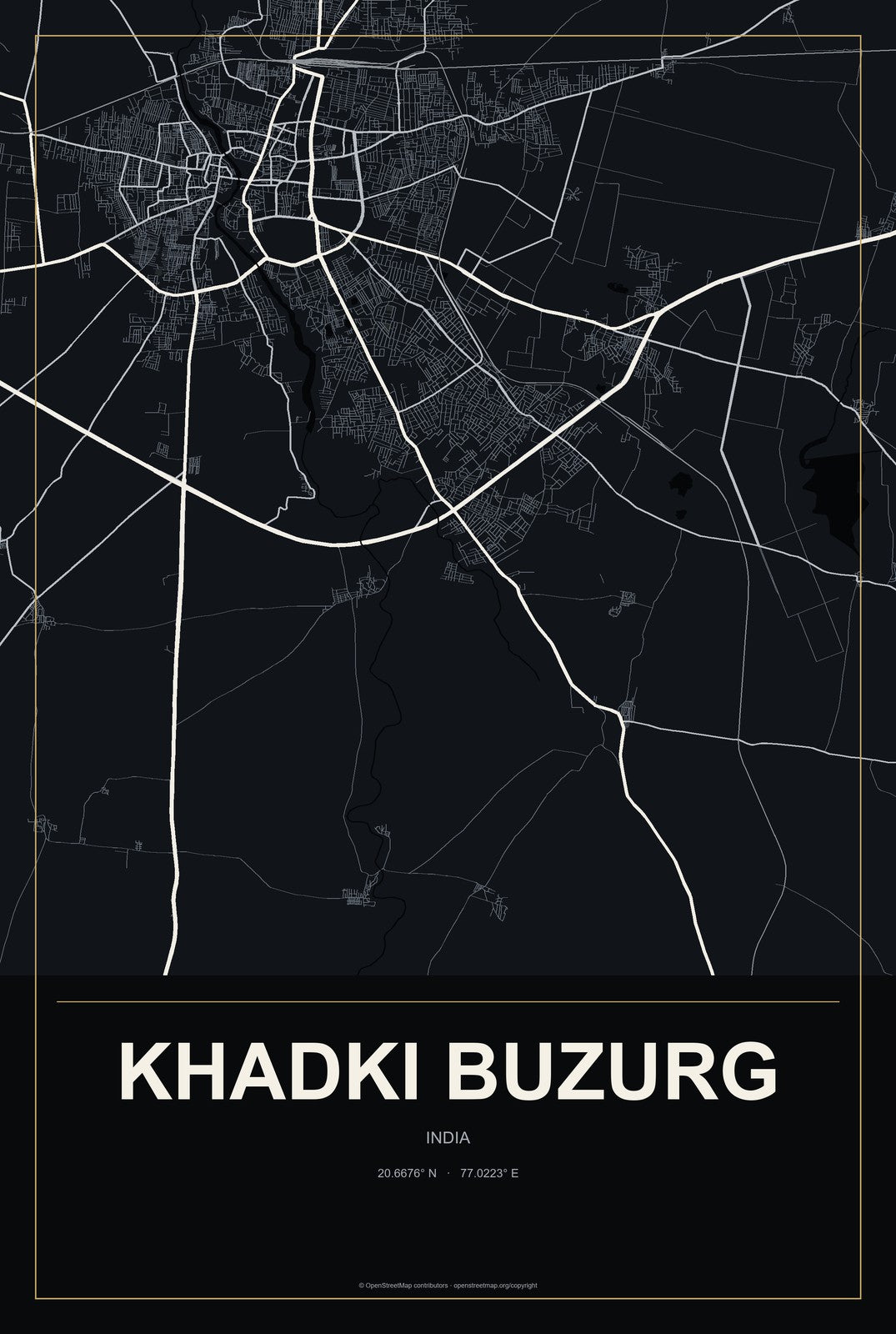 Khadki Buzurg, India City Map Aluminum Sign in Metropolitan Noir style
